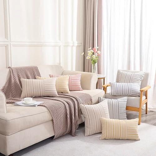 Miniatura 5 de CARRIE HOME Juego de 2 fundas de almohada de lino a rayas de 16 x 16 pulgadas, color gris y crema, decoración rústica de casa de campo para sofá y