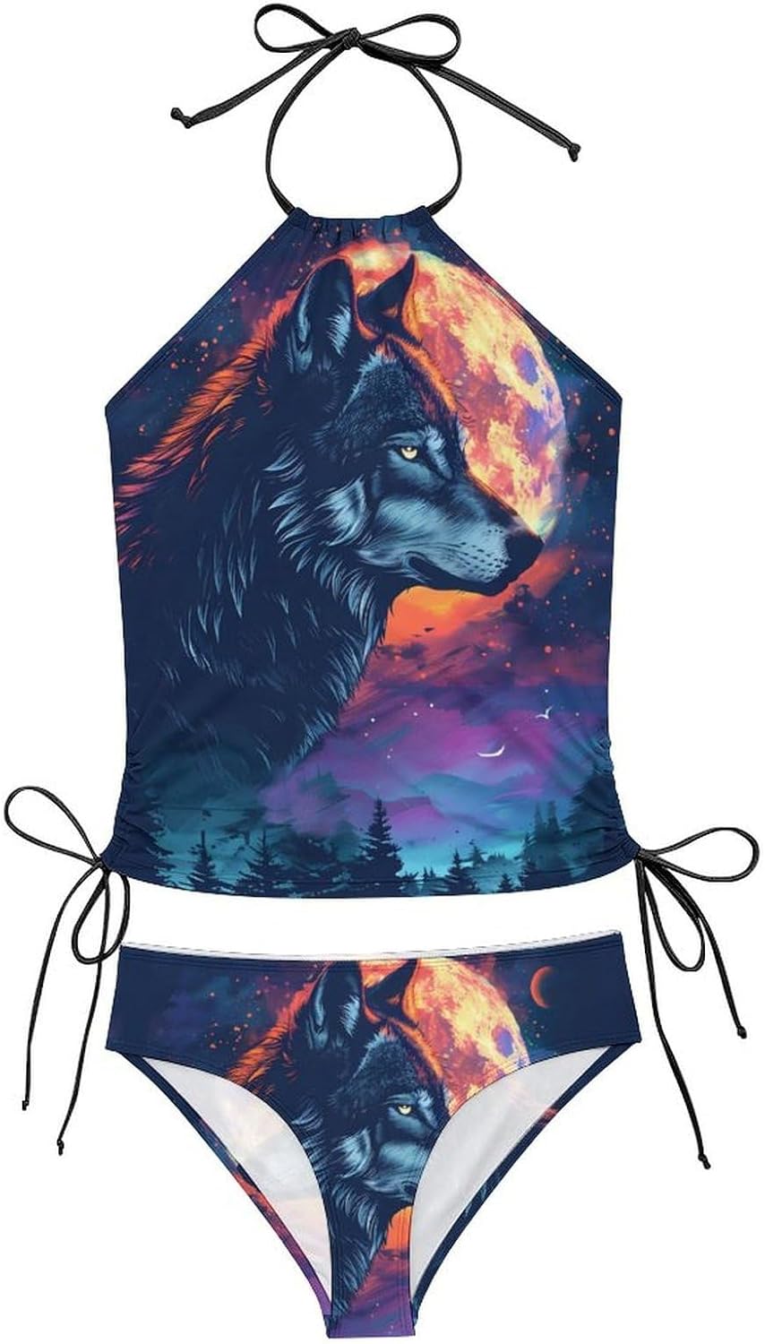 Wolf in Full Moon Women's Tankini Swimsuit Two Piece Tummy Control Bathing Suits Tie String Swimwear