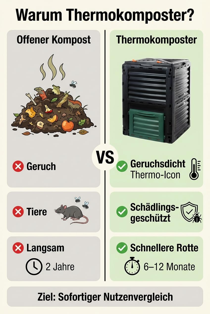 Compostbak snelcompostbak van stevig kunststof, met klapdeksel, 300 liter (h x b x d), 83 x 61 cm (h x b x d), thermocomposter voor tuin- en keukenafval compost, 100% gerecycled kunststof, Made in EU