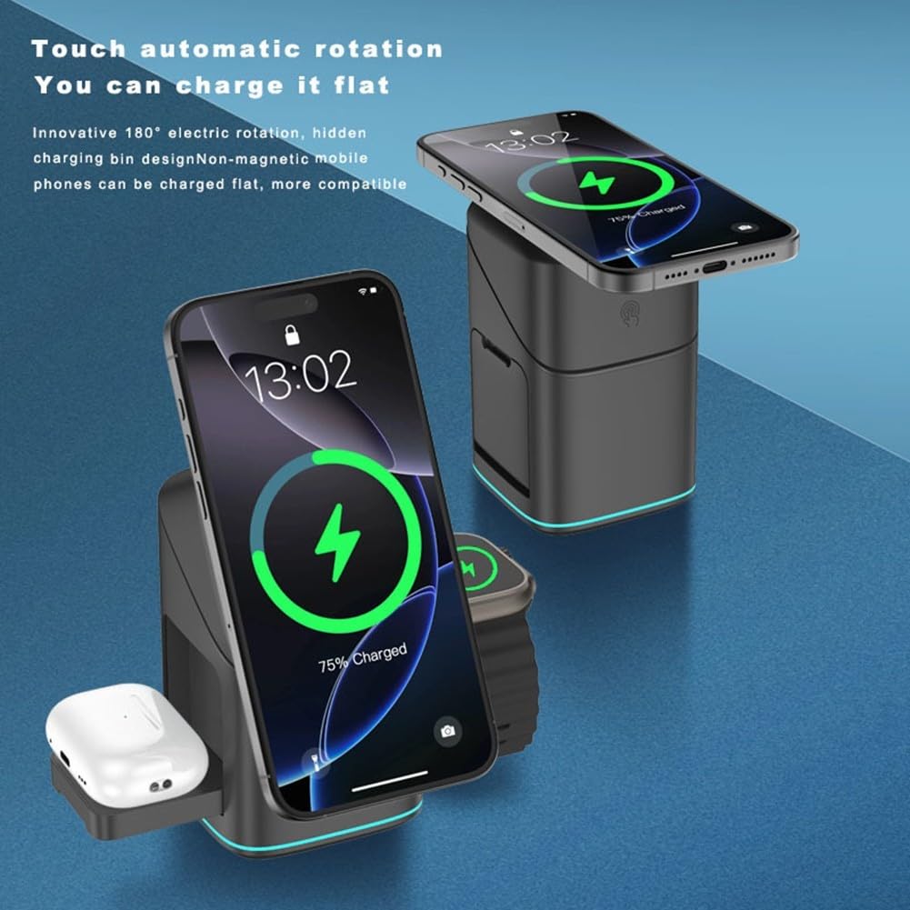 Chargeur sans fil, station 3 en 1 15 W, rotation automatique pour chargeur magnétique multifonction IPh 4 en 1 (noir)