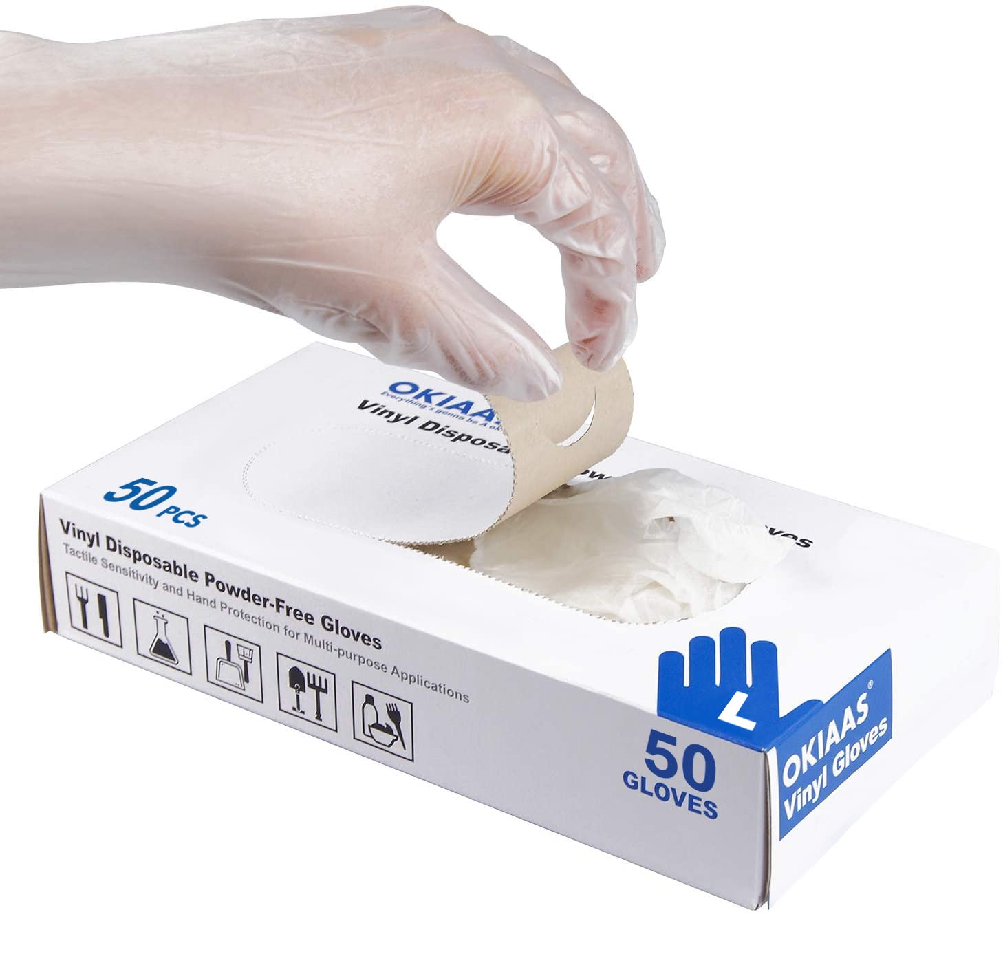 OKIAAS Clear Vinyl Disposable Gloves L, Latex Free, Powder Free, Exam/Medical Gloves, for Food Prep, Cooking, Cleaning, 3 Mil, Box of 50