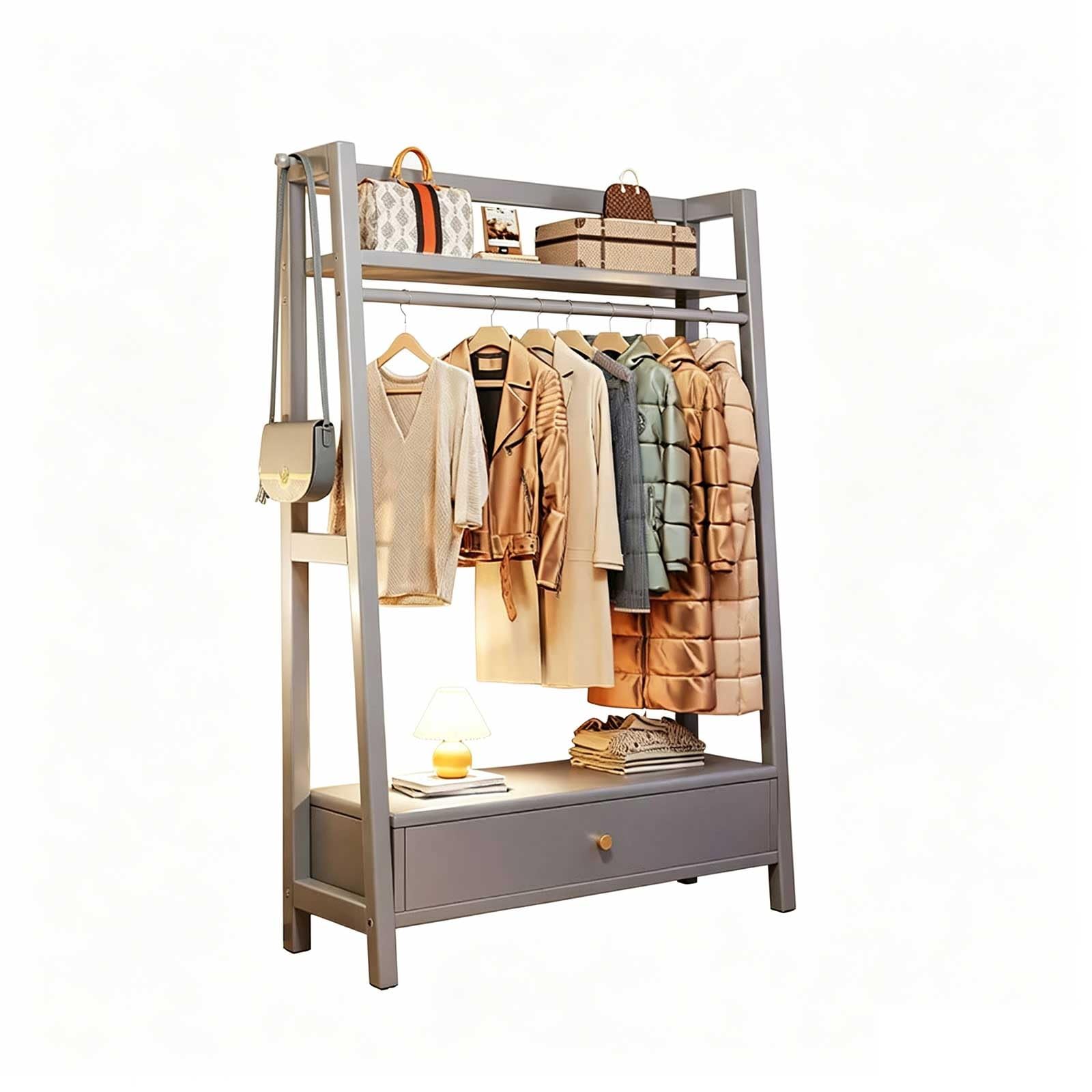 KIBONCY Wooden Clothes Rack with Drawers and Storage Shelves, Freestanding Open Wardrobe Organizer, Multifunctional Garment Rack(D1,120x40x170cm)