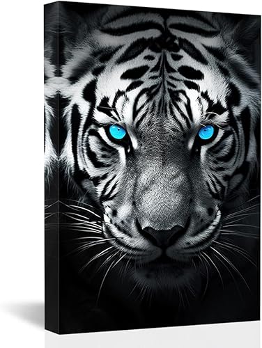 Cuadros de tigre, lienzo decorativo para pared, lienzo de animales en blanco y negro, arte de pared, pintura de tigre, ojos azules, marco decorativo