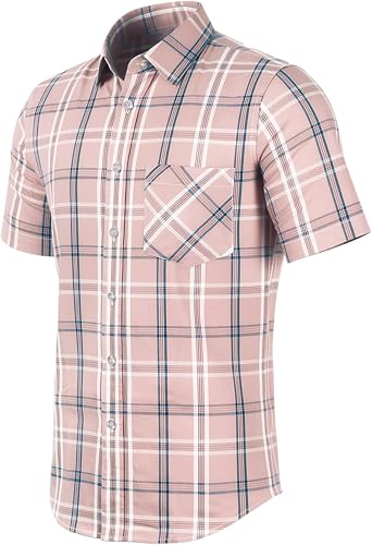 Mens Lightweight Plaid Button Down Short Sleeve Shirts 100% Cotton Casual Soft Dress Regular Fit Shirt with Pocket
