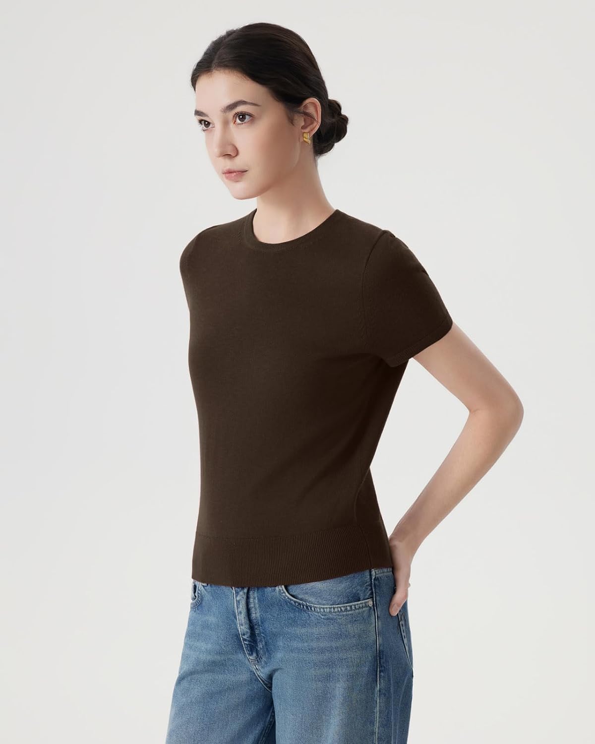 SUUKSESS Women Silk Cashmere Blend Crew Neck Short Sleeve Sweaters Casual Blouse - Image 3