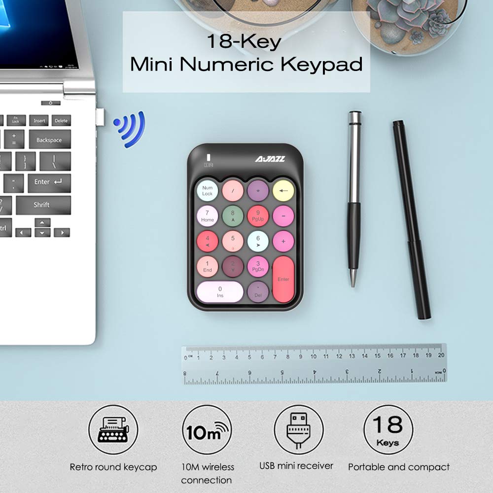 FELiCON AK18 Clavier numérique sans Fil, pavé numérique Portable 2,4 GHz avec clé Ronde rétro et récepteur USB Clavier numérique de comptabilité financière pour Mac, PC (Noir)