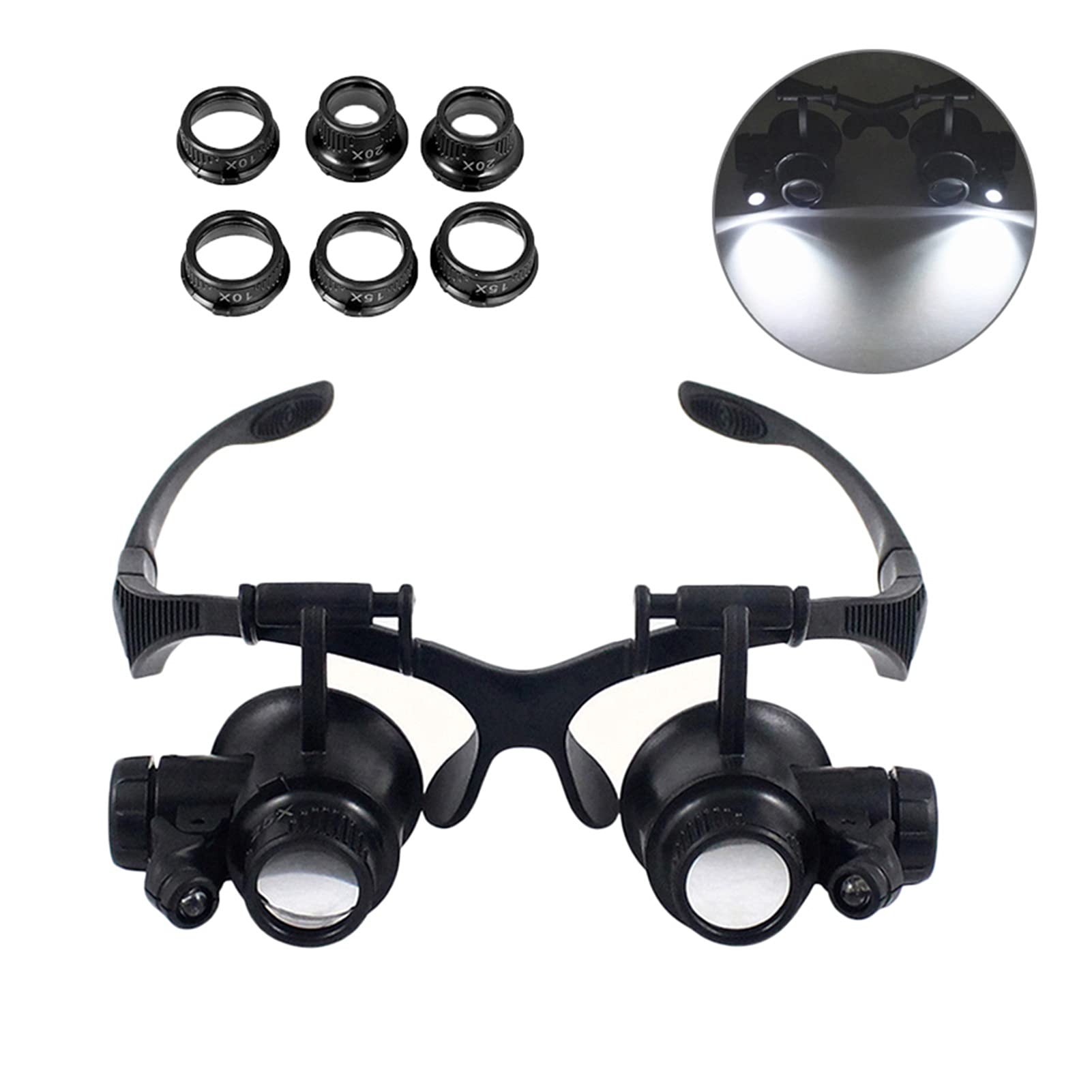 Gafas con Lupa para La Cabeza, Lupa De Diadema con Luz, Lupa De 10X, 15X, 20X, 25X, Lente De Doble Ojo para Relojería, Joyería, Lentes Ópticas Y Lupa De Vidrio.