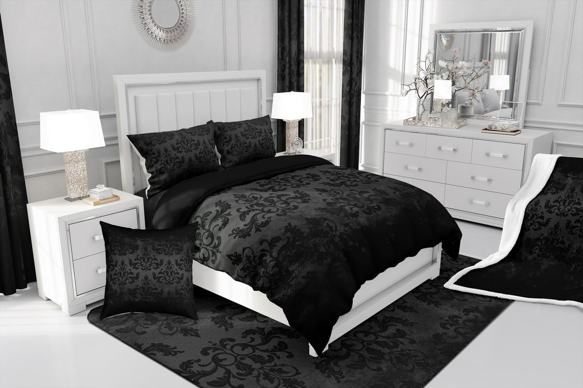 Feelyou Jacquard Bedding Set Black Damask Comforter Set for Kids Boys Girls Teens Room Decor Abstract Comforter Queen Size Black Duvet Set 3Pcs