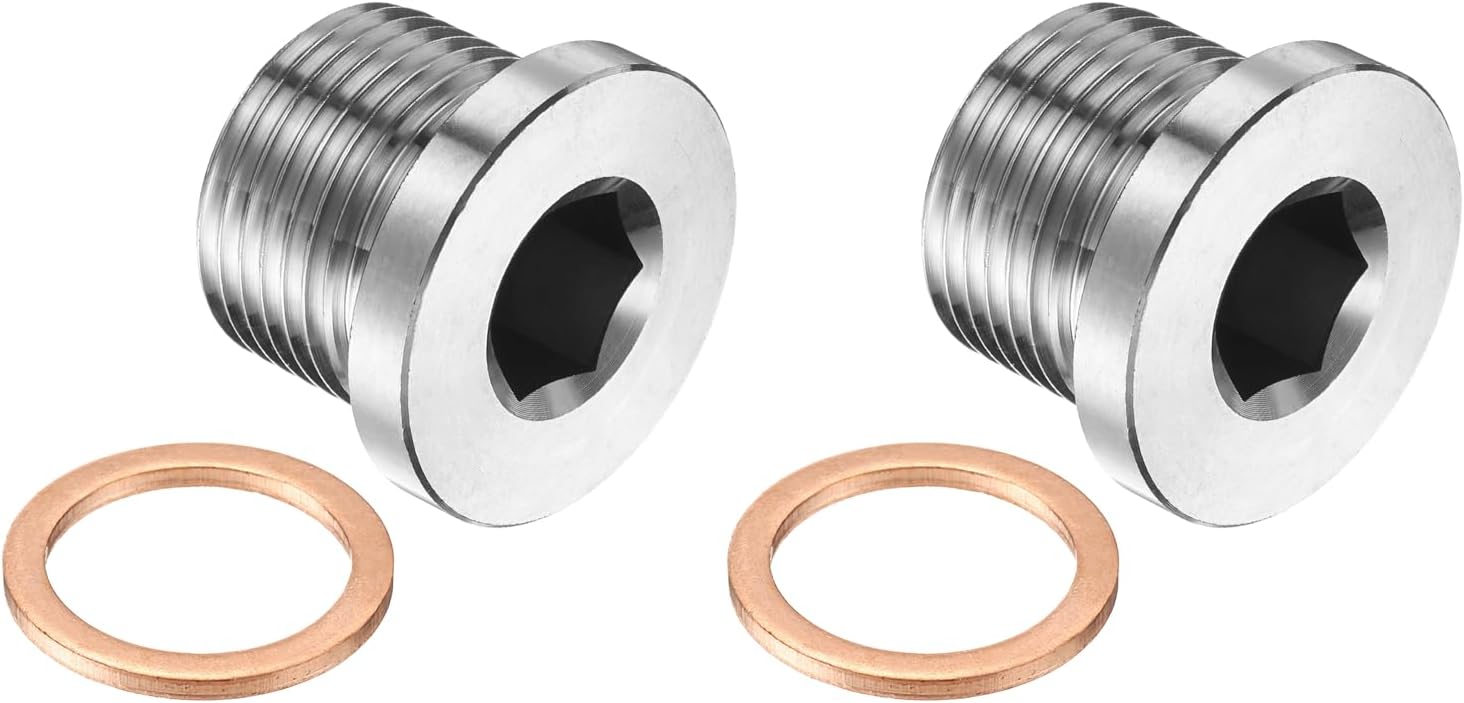 PATIKIL 2 Pcs 1/2" BSP Pipe Plug Fitting, 304 Stainless Steel Internal Hex Head Socket Pipe Cap Adapter Connector with Copper Washer for Sealing Oil Gas Water