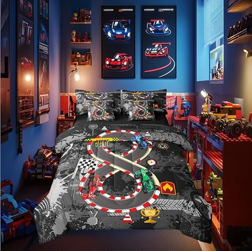 Sport Racing Comforter Set Bed in a Bag 7 Pieces Full,Retro Abstract Racing Trac