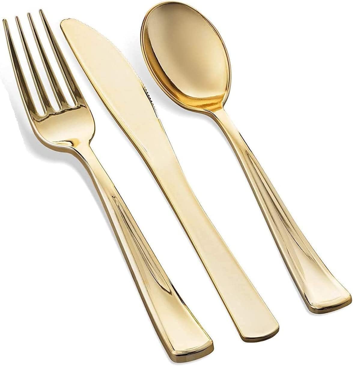 125 Piece Gold Dinnerware Party Set - 50 Gold Rim Clear Plastic Plates, 25 Dinner 25 Dessert Plates, 25 Knives, 25 Forks, 25 Spoons - 25 Guest Disposable Set for Wedding Birthday Parties