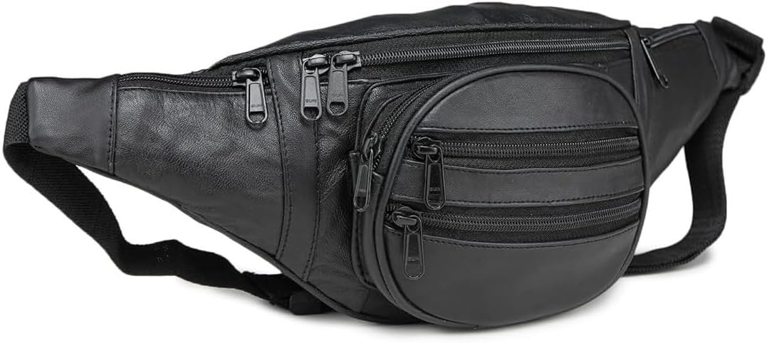 Stylish Real Leather Black Waist Bag for Men & Women | Multi-Pocket Travel Fanny Pack with Adjustable Strap | Stylish Black Waist Pouch for Travel, Hiking, Outdoor & Daily Use