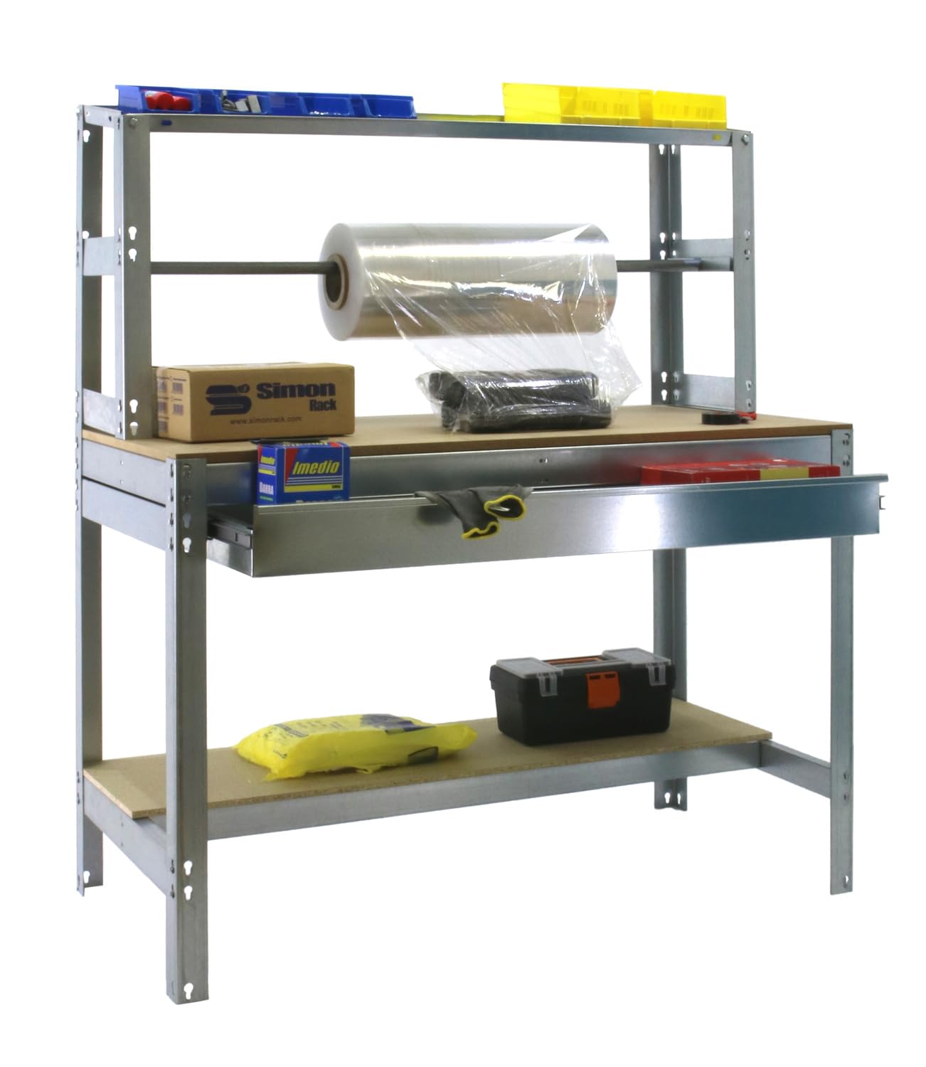 Simon Rack Banco de Trabajo con Porta Rollo y cajón 910x760 mm - BT4 | Tablero madera 16 mm, Capacidad Carga 400 kg, Galva , Pintura anticorrosión, Montaje sistema clic