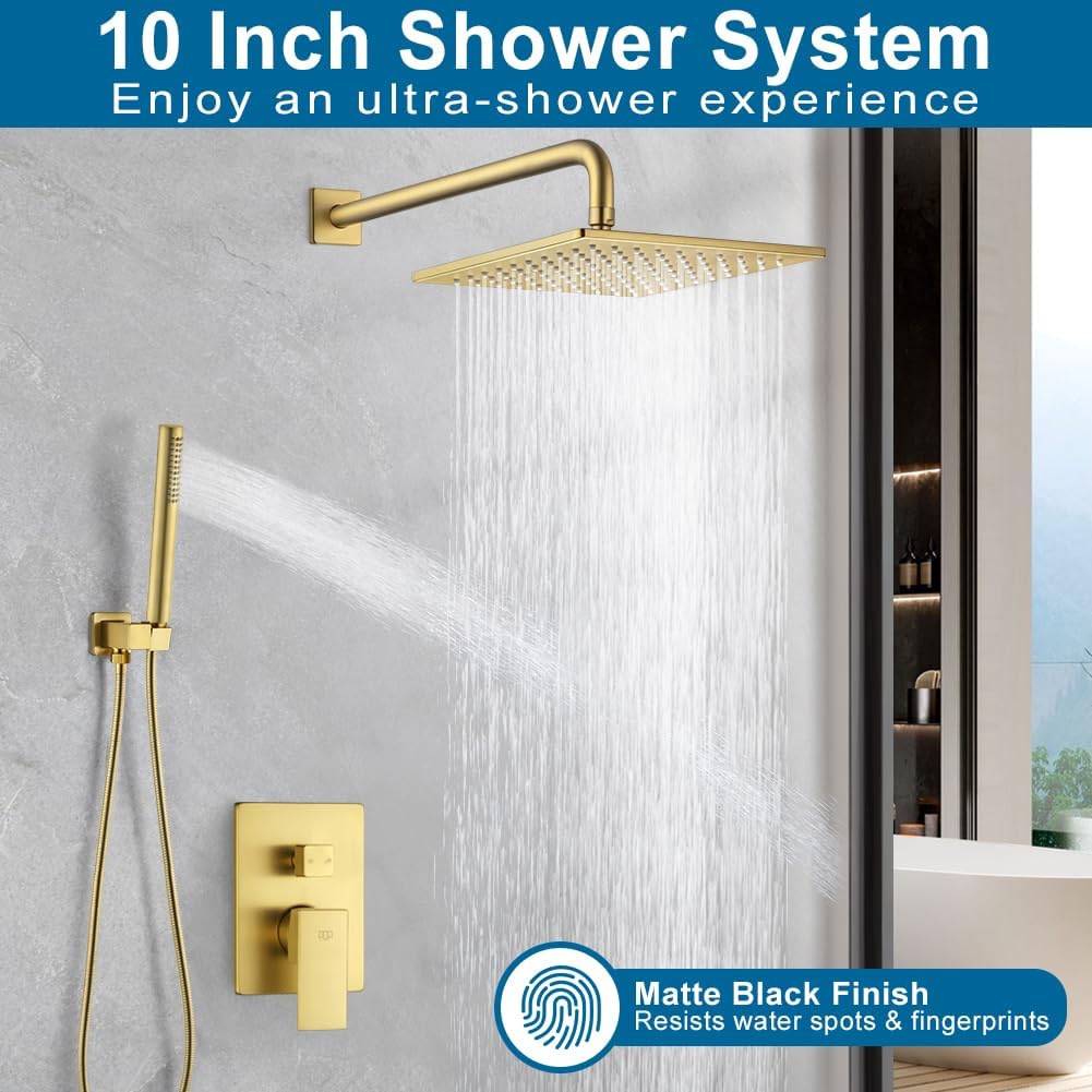 Shower Faucet Set Brushed Gold, 10 Inch Thickened Shower Head and Handle Set Bathroom Rain Shower System Wall Mounted Shower Fixture Include Shower Valve and Trim Kit