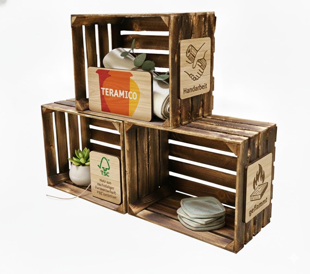 Lot de 3 caisses à vin en bois flammé - 50 x 40 x 30 cm : Cagettes à fruits vintage vintage - Pour la fabrication de meubles - 50 x 40 x 30 cm