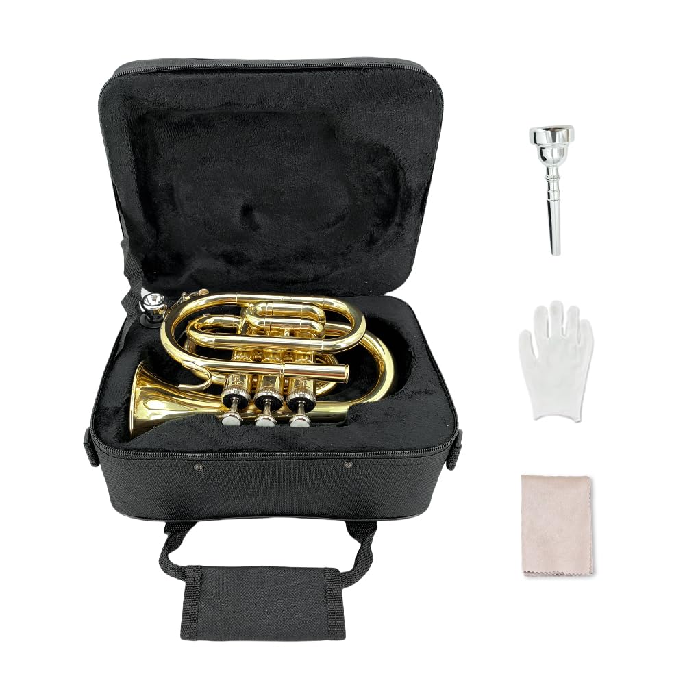 Tromba tascabile professionale in ottone, finitura laccata, con custodia per il trasporto e accessori per la pulizia per principianti e musicisti (oro)