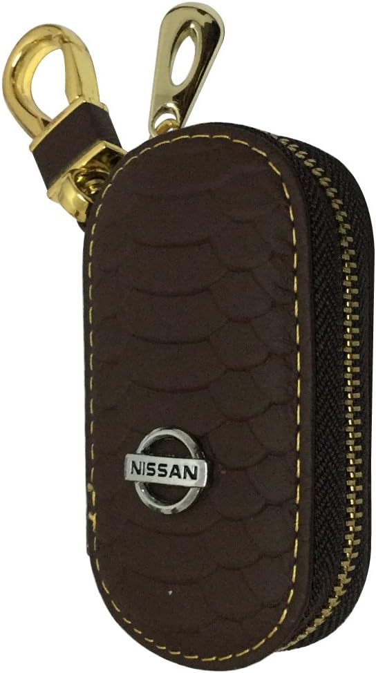 New 1pcs Brown Leather Oval Shaped With Gold Color Clasp Car Key Wallet Zipper Case Keychain Coin Holder Metal Hook Bag Collection For Nissan Car Vehicle Auto Lover