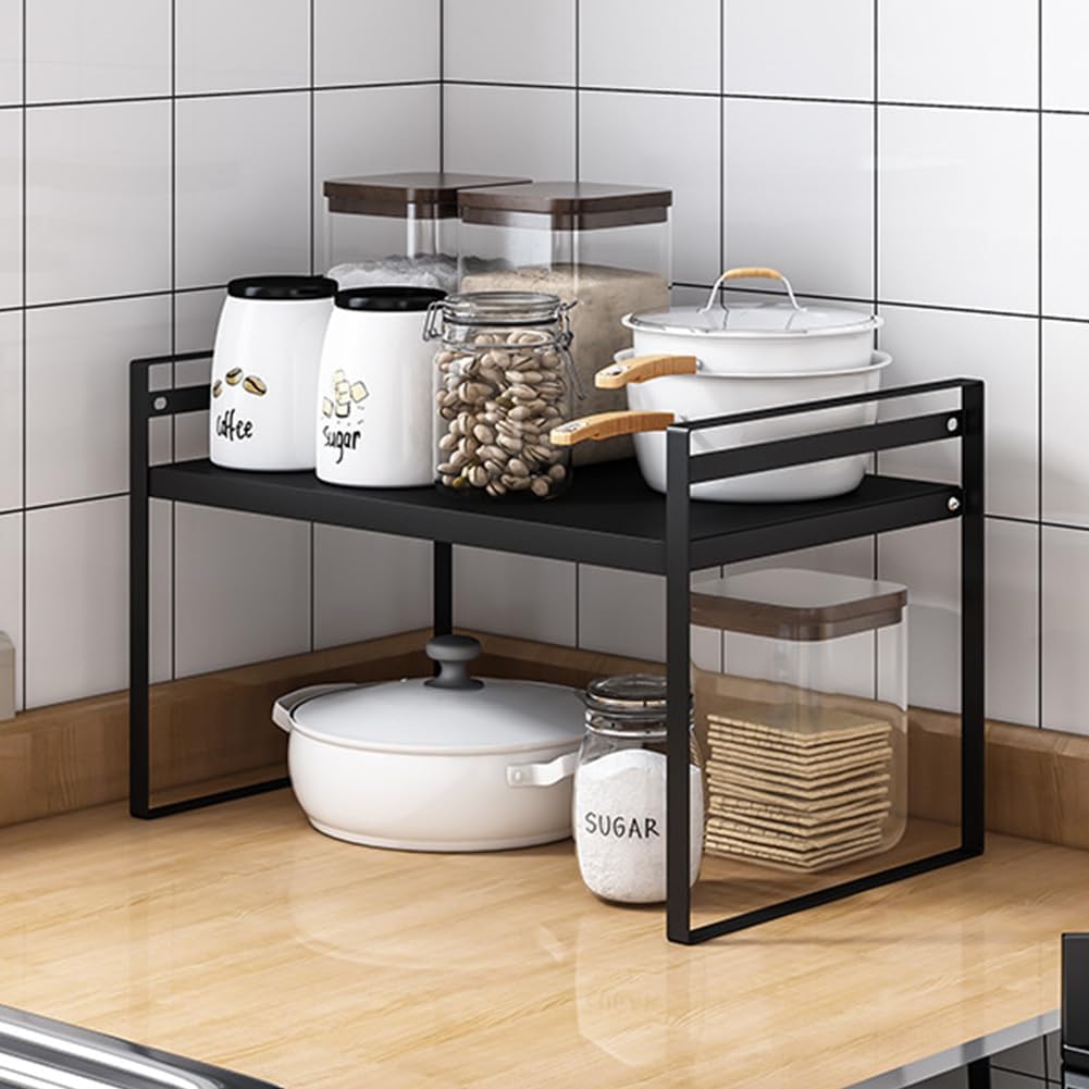 Kitchen Cupboard Shelf Organiser, Extendable Cabinet Storage Shelf Stand Spice Rack, Multi-Function Space Saver Plate Organiser for Kitchen Countertop, Pantry, Cabinet, Fridge（Black）