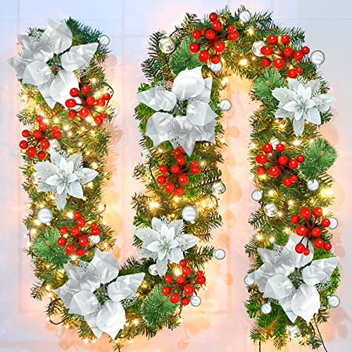 Guirnalda de Navidad de 9 pies, guirnalda de corona de 2.7 m, decoraciones de Navidad para chimeneas, escaleras, guirnaldas de Navidad con luces, flor roja y bola roja, vacaciones, decoración de