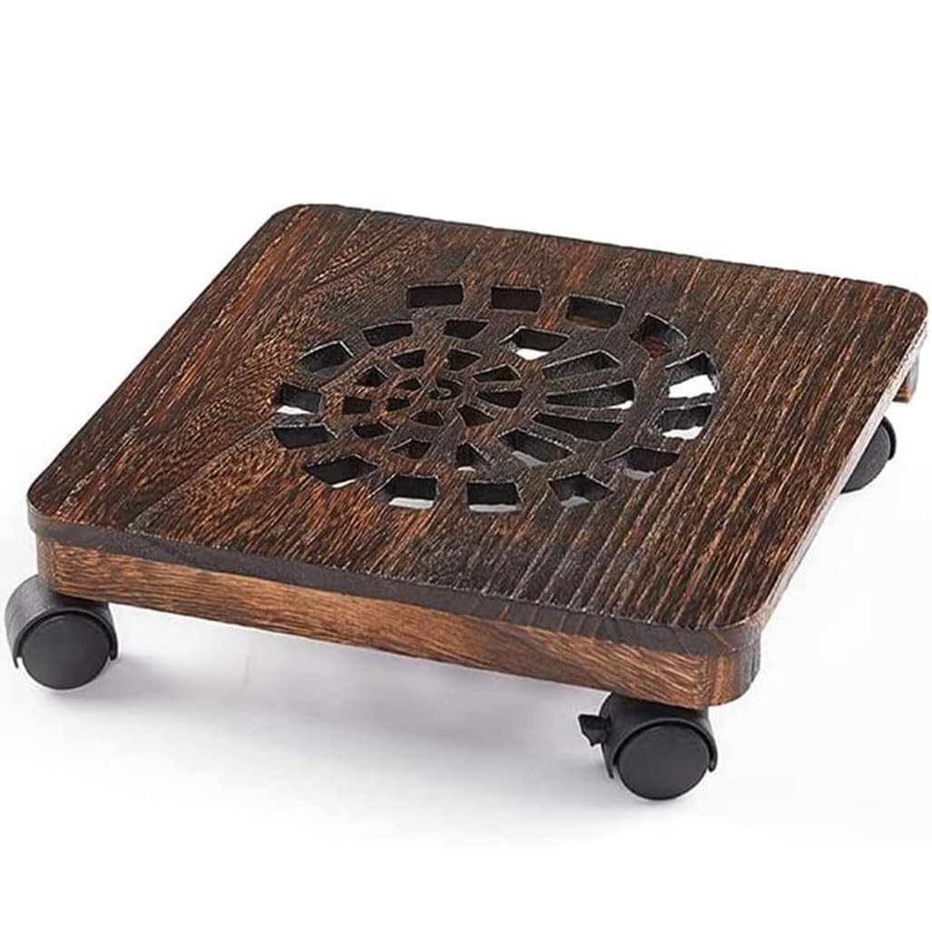 DFGHNBVC Round Wood Rolling Plant Stand Caddy Outdoor With Wheels, Heavy Duty Wooden Planter Caddy Trolley On Lockable Casters, Heavy Duty Flower Pot Roller Base For Indoor 12In,Brown1-8In