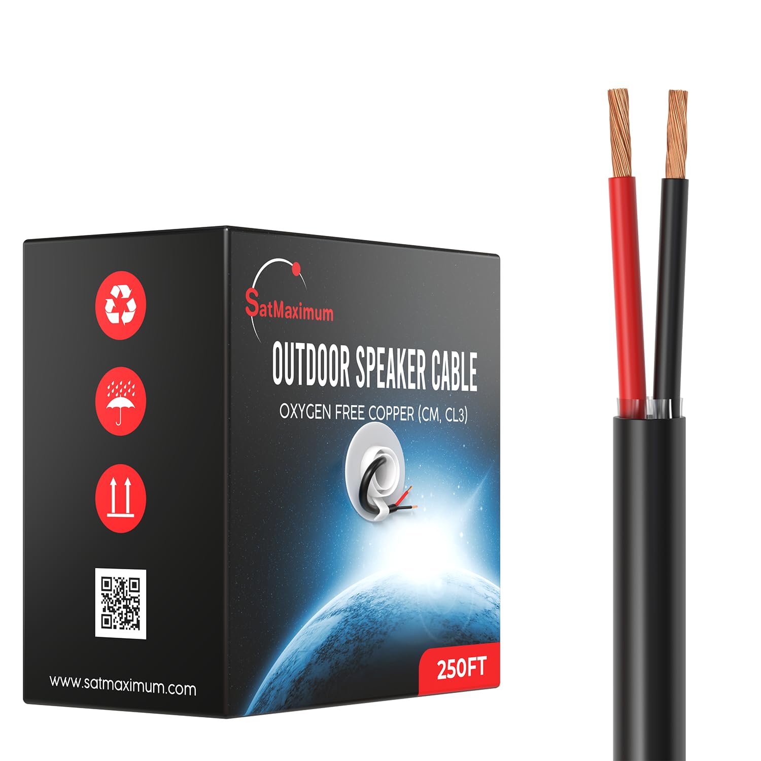 Cables Direct Online 250FT 14AWG Outdoor Speaker Cable Oxygen Free Copper 2-Conductors, Direct Burial, Weather Resistant, UV CL3 CM Rated, OFC Strands Low Voltage, Pull Box