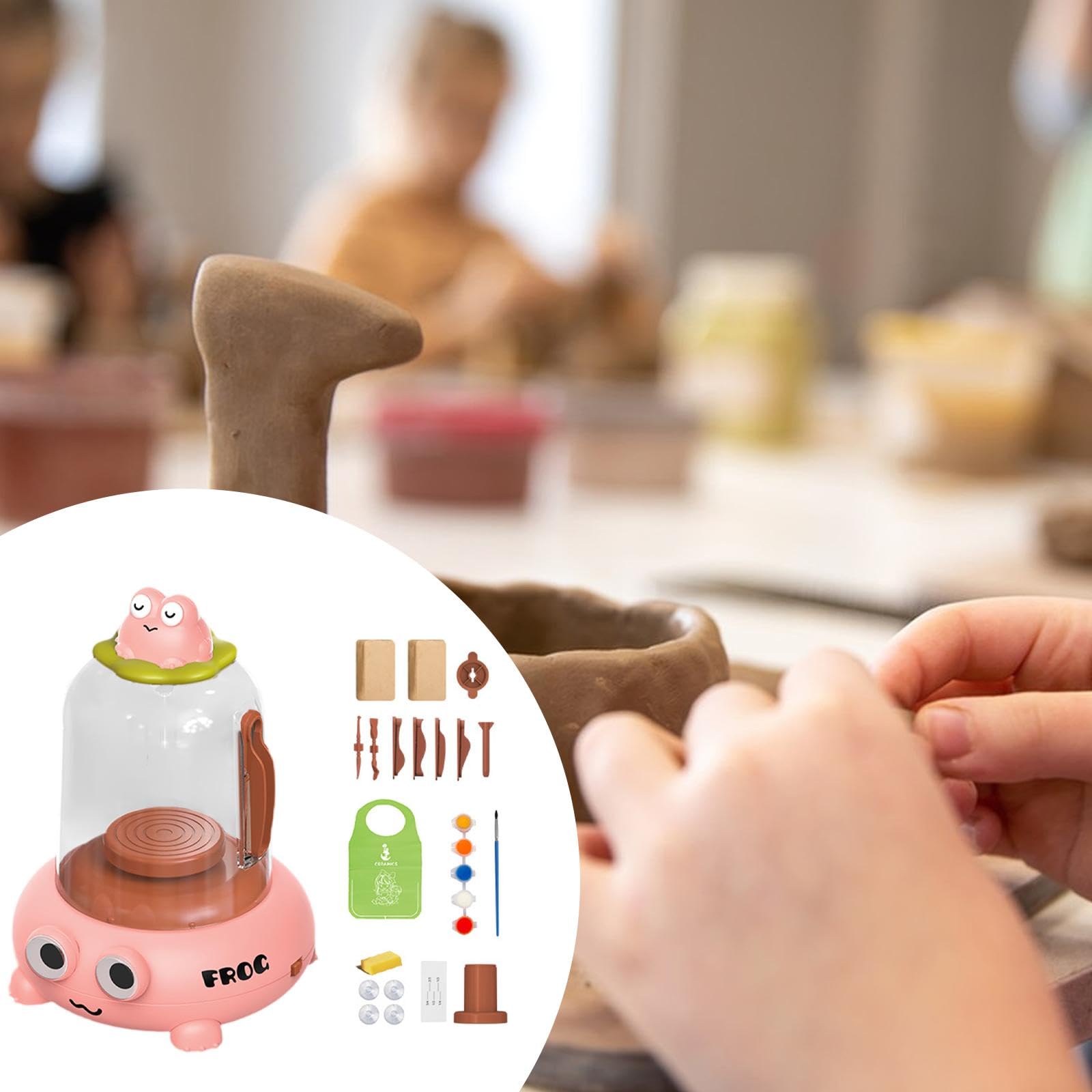 Elektrischer Töpferscheibe Bastel-kit Keramikmaschine Tonrad Kreatives Handwerk USB-anschluss mit Mal- Und Schnitzwerkzeug aus Metall für Kinder, Rosa