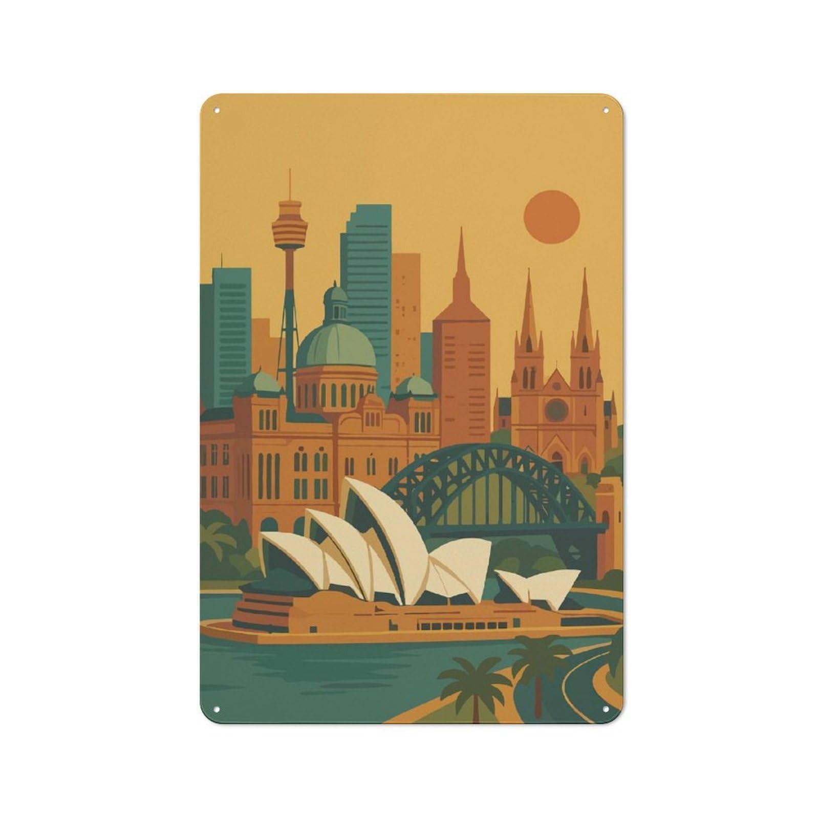 Junmoney Sydney, Australia Skyline Illustration Vintage Metal Sign With Design 30X20cm, Vintage Restaurant Wall Art For Coffee Bar, Small Shop Or Dining Room
