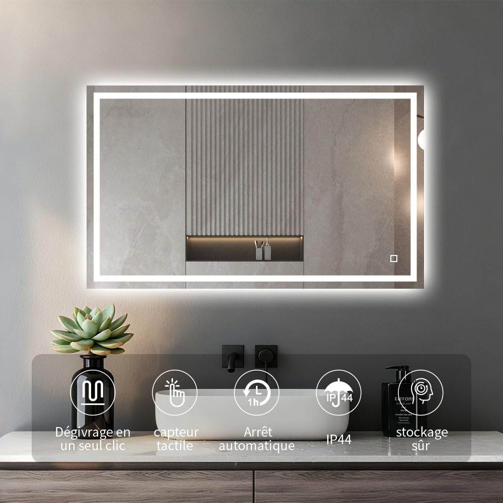 Miroir LED Réversible pour Salle de Bain 70x50 cm - Anti-Buée avec Interrupteur Tactile