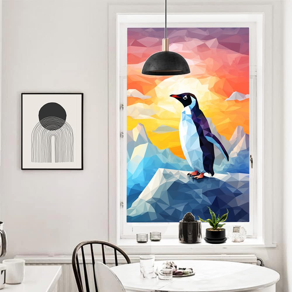 Sonnenuntergang Pinguine Buntglas-Fensterfolie, moderne abstrakte Tiere, Retro, dekorative Milchglas-Sichtschutzfolie, Wärmeregulierung, statisch haftende Fensteraufkleber, 80 x 120 cm