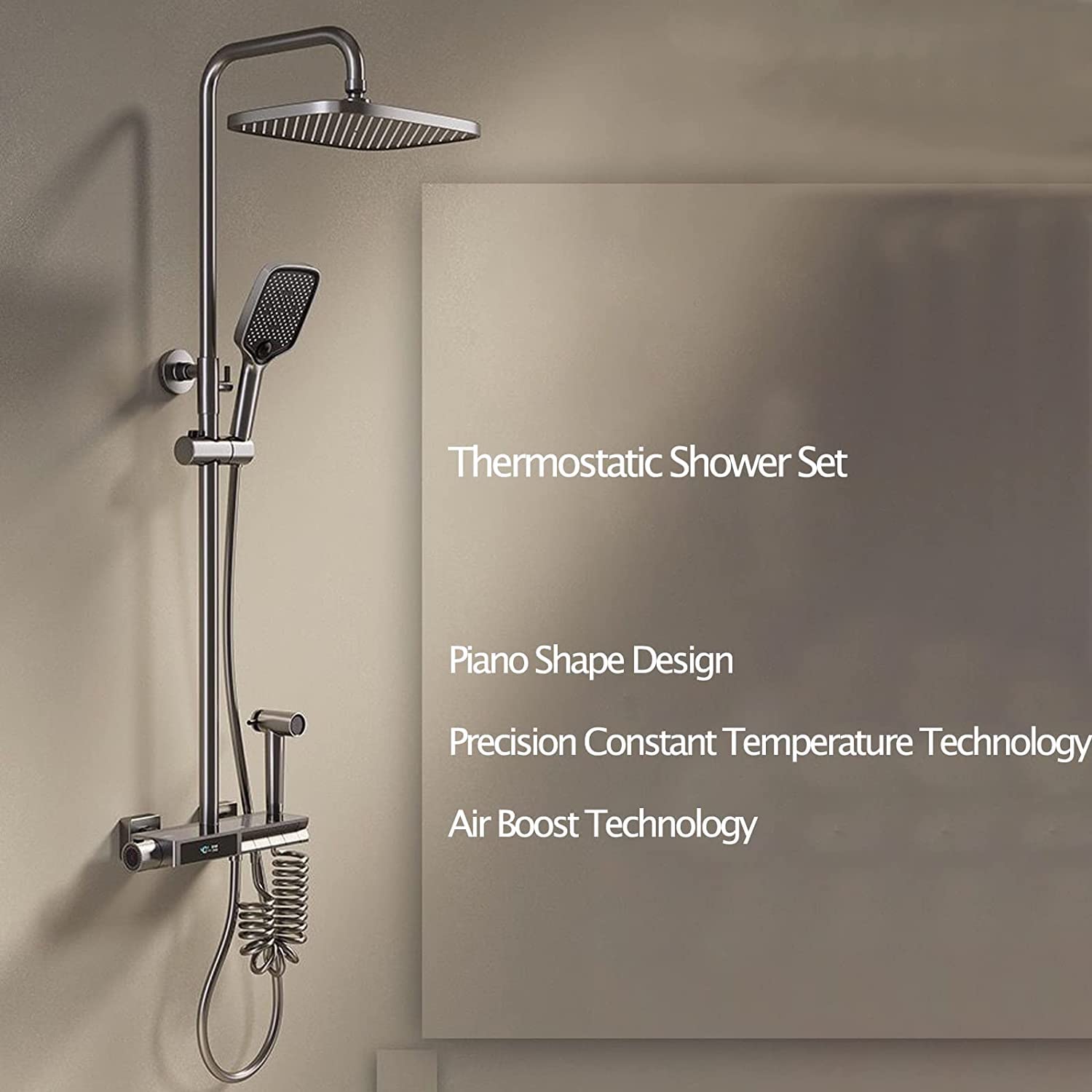 Doccia portatileSistema Doccia termostatico, Montaggio a Parete, Display della Temperatura, Set Rubinetto, rubinetti a Vista a 4 funzioni, con doccetta, beccuccio per Vasca e Bidet