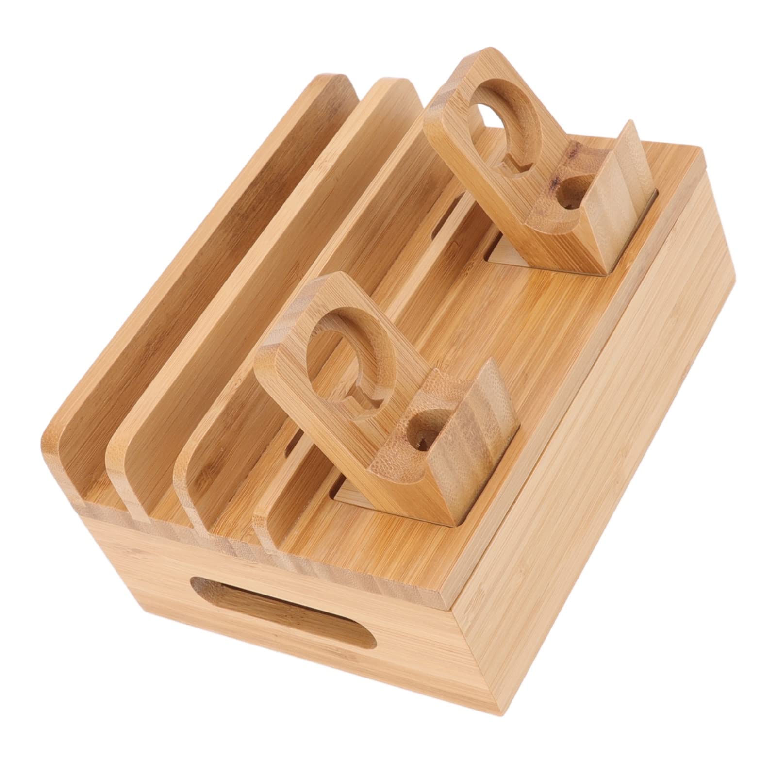 Cryfokt Station de Charge pour Plusieurs Appareils, Support de Rangement avec Support de Montre, Décoration en Bois de Bambou Naturel, Parfait pour la Maison, Le Bureau, Le Camping, (Silver)