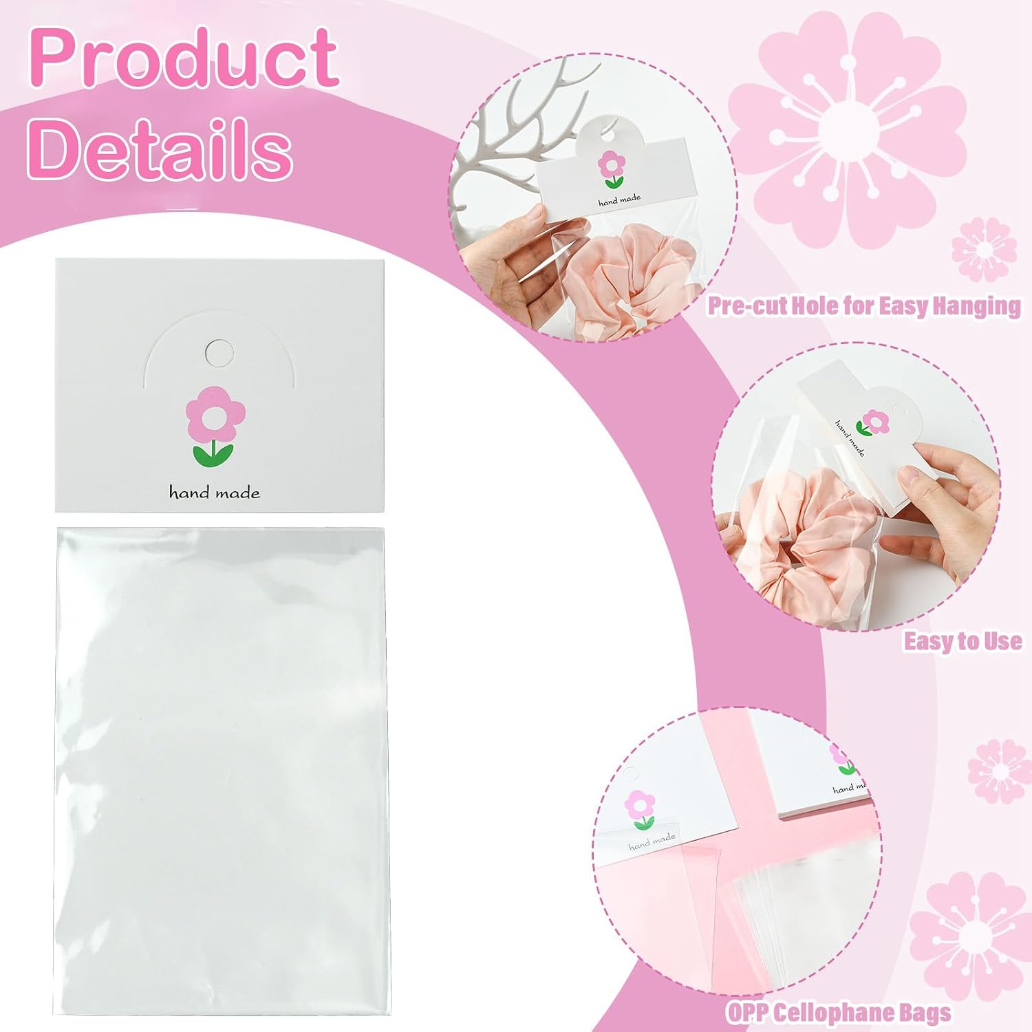 100 pcs Flower Foldable Header Cards Theme Paper Clear Rectangle Jewelry Display Pouch Bags with Hanging Hole for DIY Jewelry Necklace Keychain Bracelet Packaging Decor