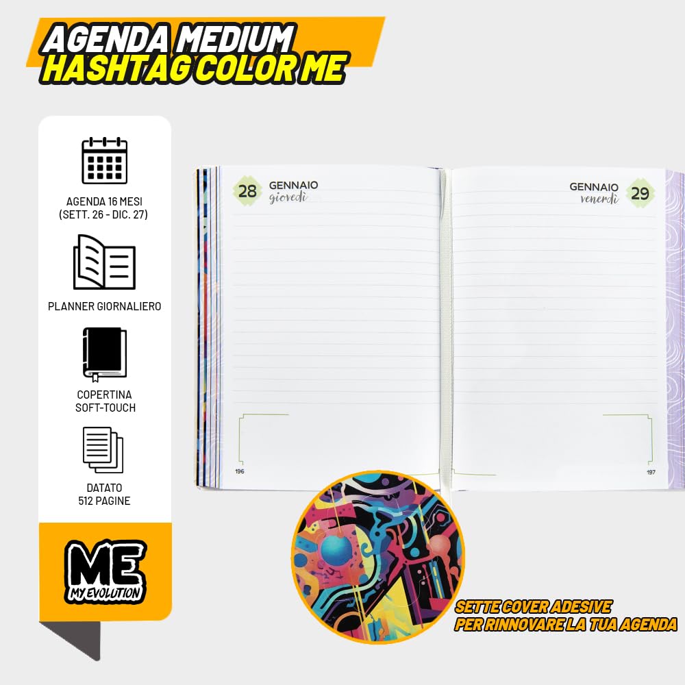 ME MY EVOLUTION - Agenda 2027 Giornaliera 16 Mesi, Diario per Ragazzi e Ragazze, con Copertina Morbida e Grafica in Rilievo, 512 Pagine, Ideale per Scuola Media, Superiore e Università, 12x16,5 cm