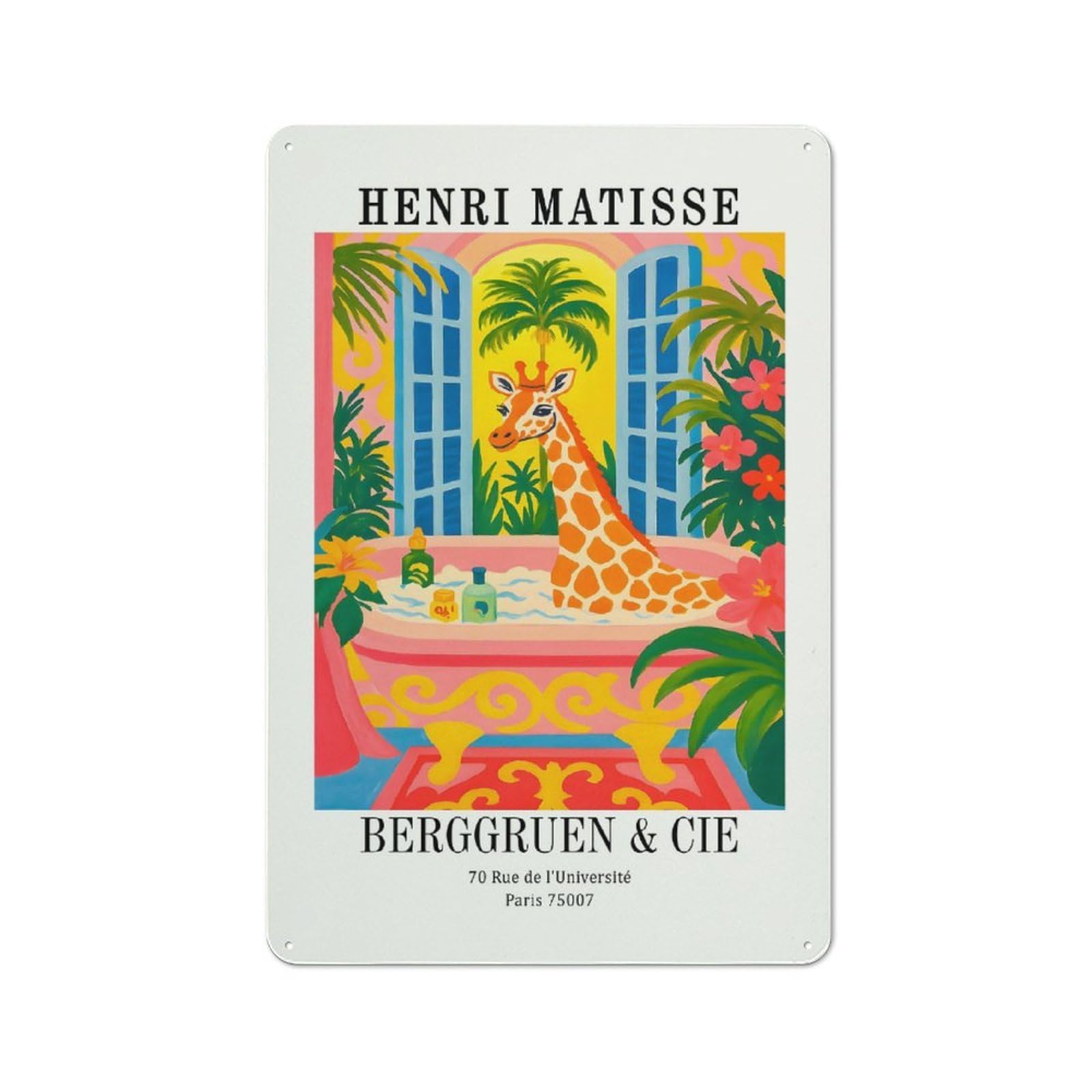 Henri Matisse Giraffe Bathing Art Print Tin Sign 30x20cm, Creative Studio Wall Plaque for Hobby Room, Office, Lounge Or Living Room