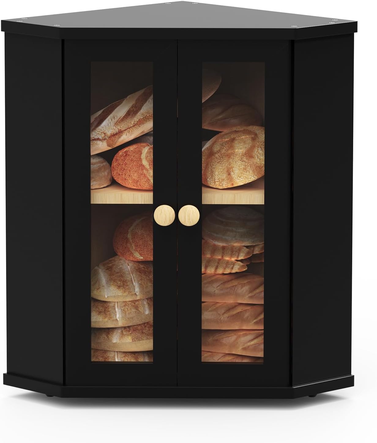 Corner Bread Box for Kitchen Countertop, Large Wood Bread Storage Container Breadbox for Homemade Bread, Kitchen Counter Bread Bin for Utensil Cans Snacks Storage (Black)