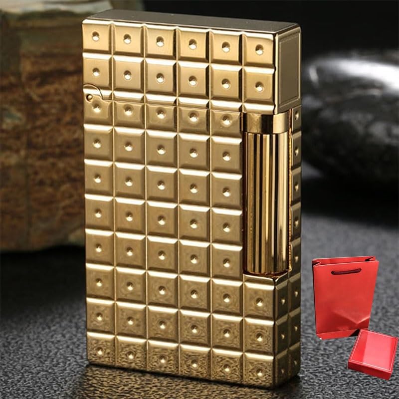 Vintage Butane Gas Lighter Carved Copper Lighter Side Pulley Ignition Piano Tone Lighter Adjustable Flame Size Refillable Torch