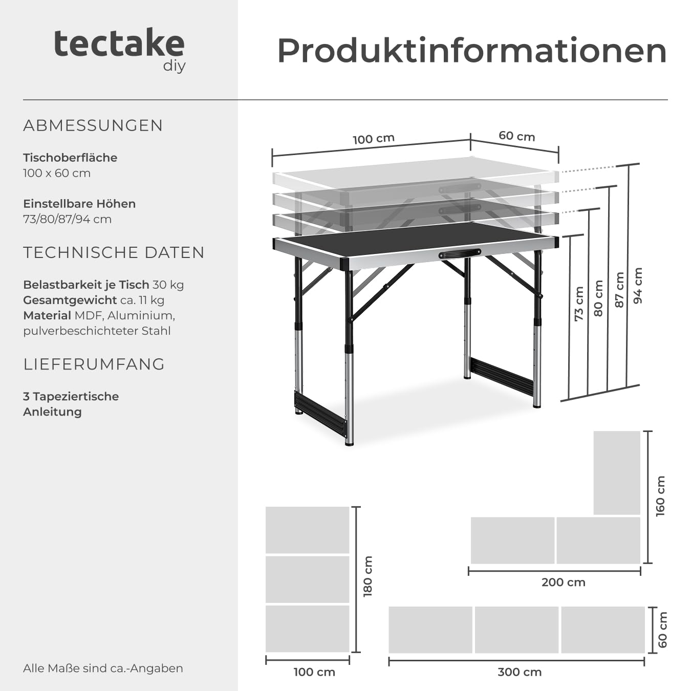 tectake Alu Tapeziertisch 3 teilig, Multifunktionstisch, Mehrzwecktisch, Campingtisch, 100 x 60 cm, Partytisch, Flohmarkttisch, Arbeitstisch klappbar, höhenverstellbar, MDF Platten - schwarz