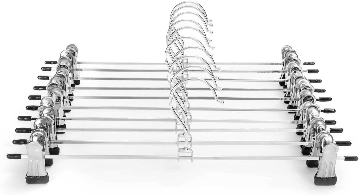 Red Dot Gift® 10 Pack Pants Hangers,28.5cm Skirt with Adjustable Non-Slip Clips Pants, Space Saving Metal Hangers for Coat Garment Jeans, Hangers for Kids Adults.