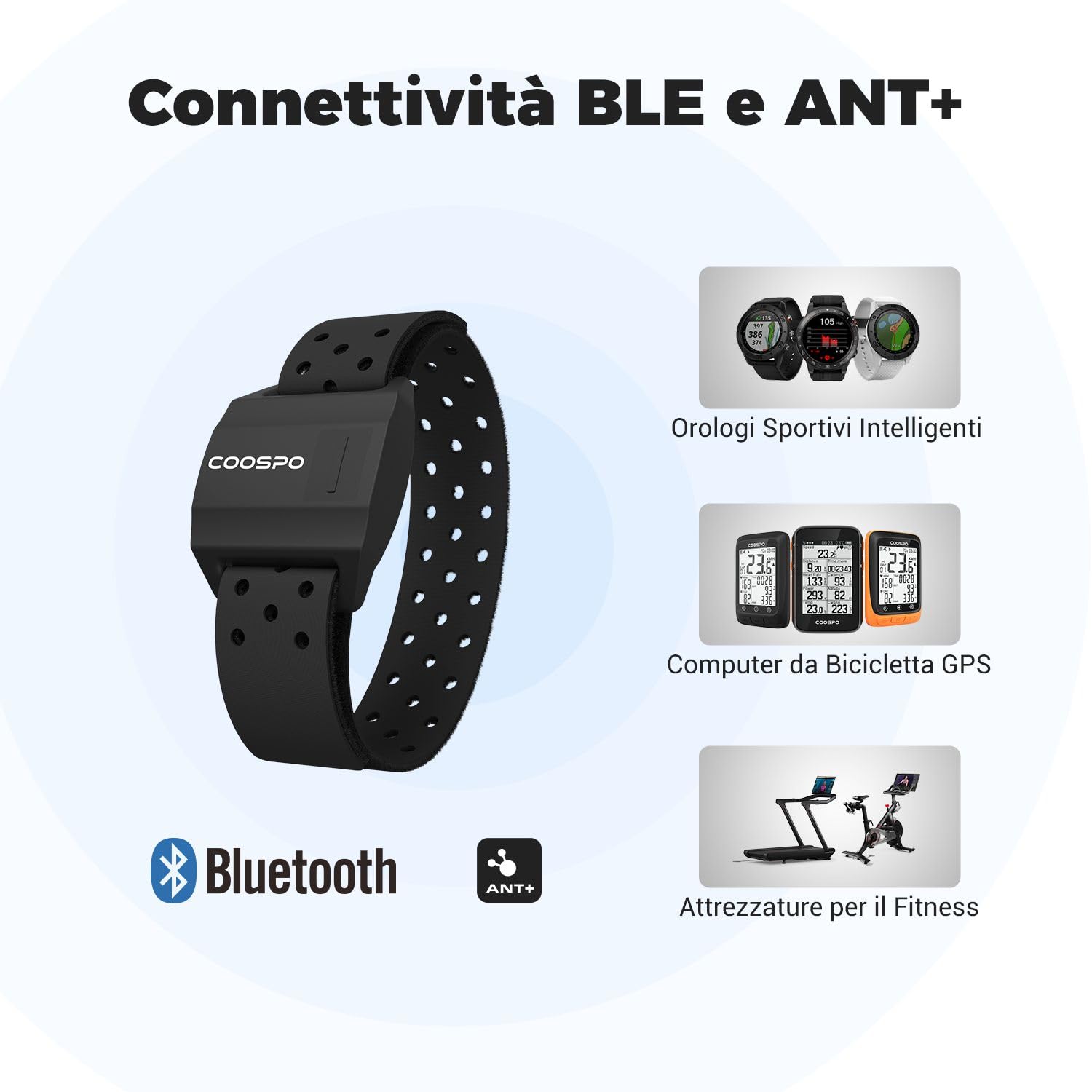 COOSPO Fascia da braccio con cardiofrequenzimetro, sensore ottico Bluetooth 4.0 ANT+, compatibile con iFit Polar Strava Wahoo Garmin Peloton