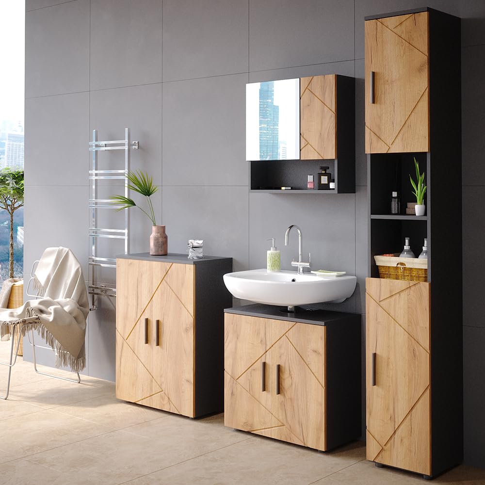 Vicco Meuble Salle de Bain Irma, Chêne doré/Anthracite, 30x192cm | pour le rangement des accessoires de salle de bain et compatible avec la série Irma