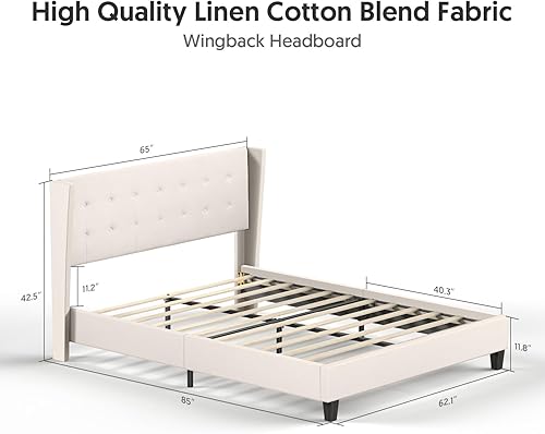 Miniatura 20 de BONSOIR Base de cama tapizada tradicional de perfil bajo con cabecera trasera de ala, no necesita somier, no necesita falda de cama, tapicería de