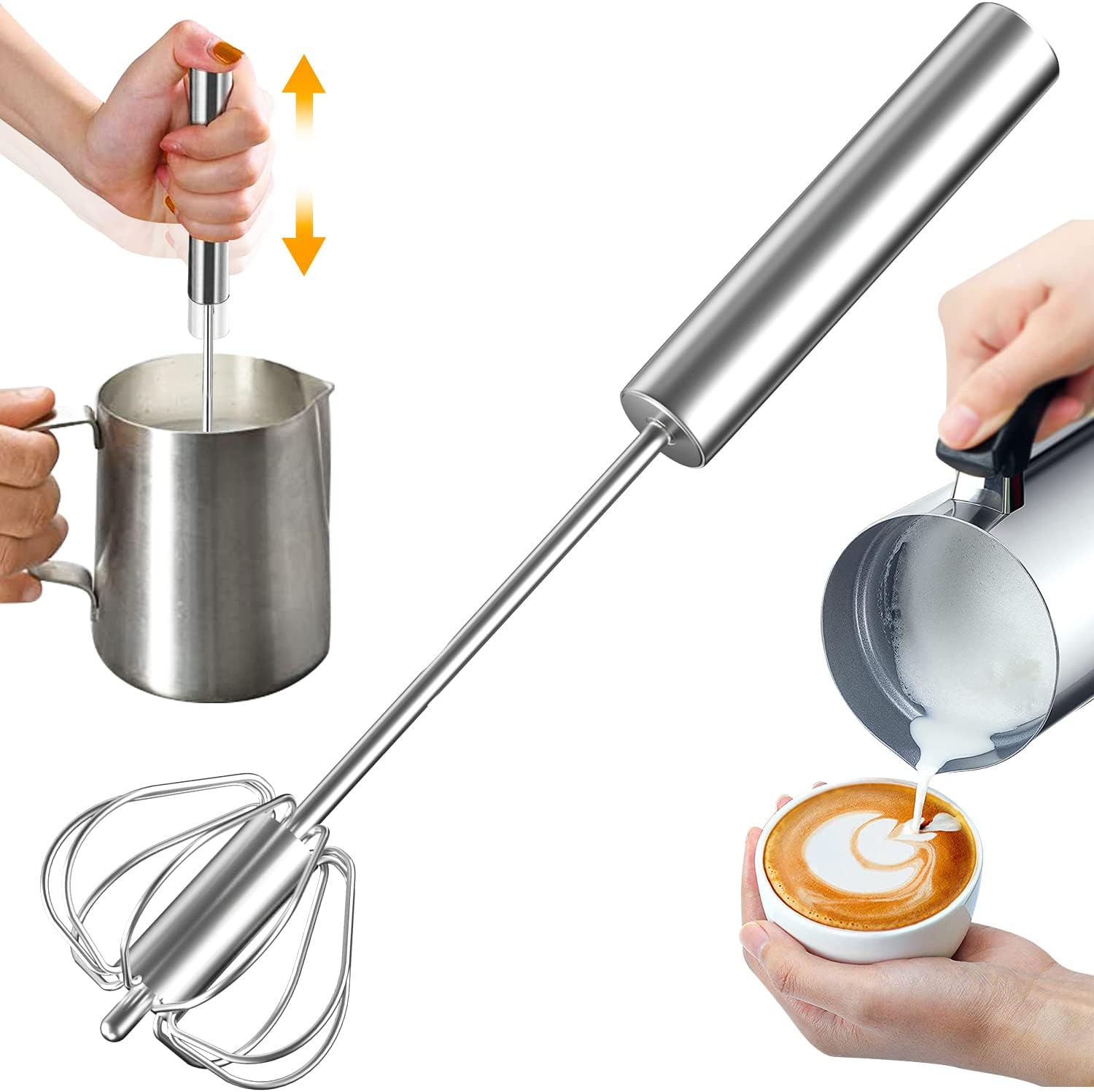 AmasSmile® Stainless Steel Easy Whisk Frother, Semi Automatic Hand Push Whisk with