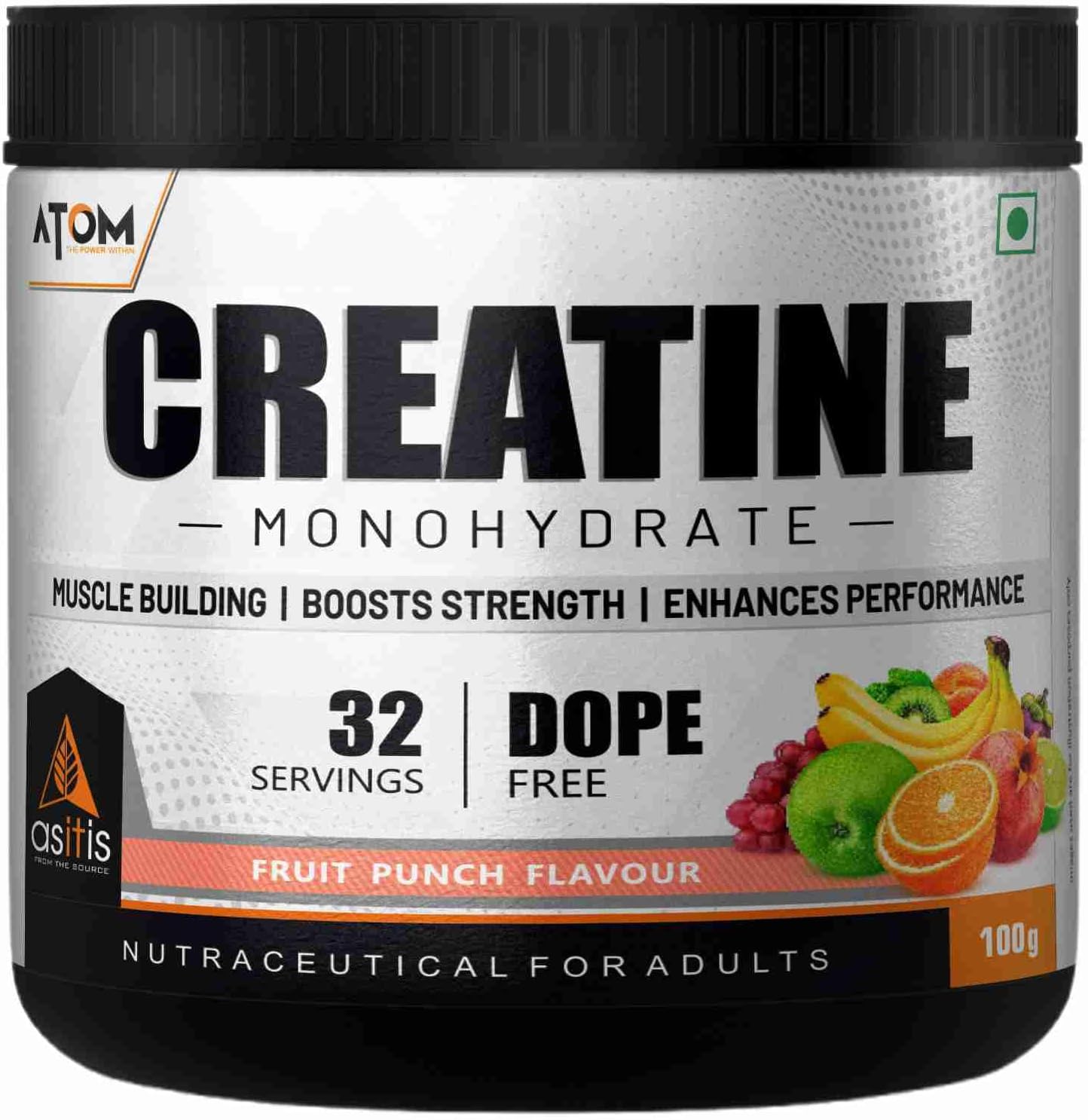 Asitis Nutrition Atom Creatine Monohydrate Powder 100 grams - 32 Servings, Fruit Punch, Dope Free, Enhances Performance, Promotes Muscle Gains