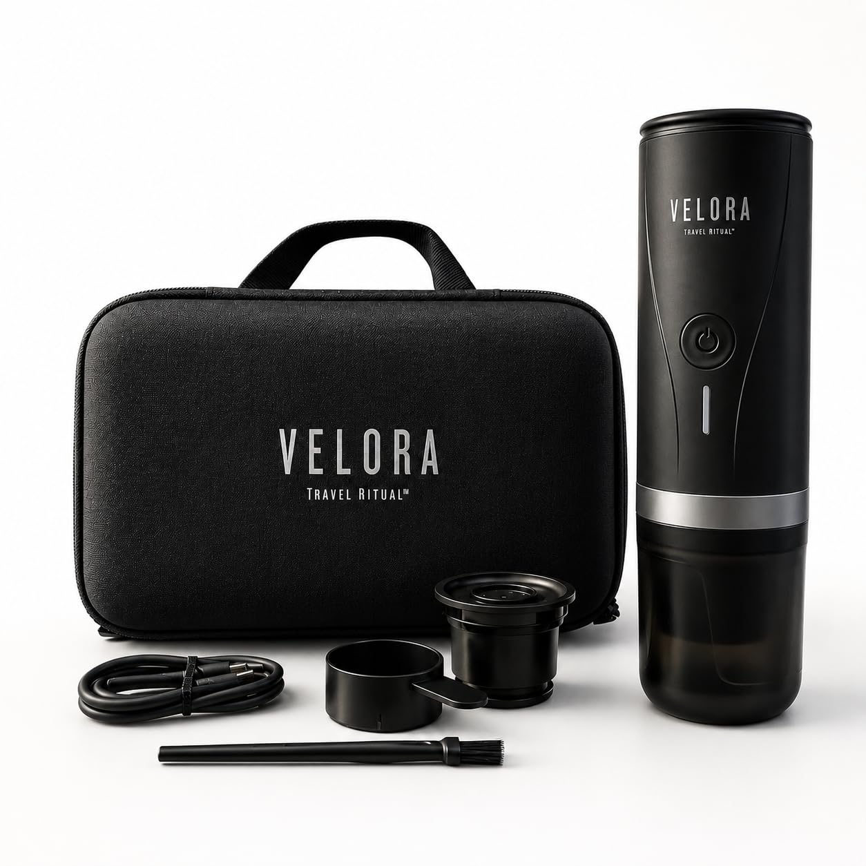 Generico VeloraTravelRitual Macchina Caffè Portatile – Espresso Ovunque, Compatibile Capsule e Macinato, Ricarica USB, Ideale per Auto, Viaggi, Camper e Outdoor