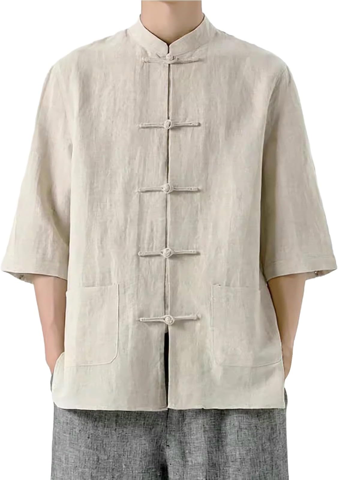 Mens Cotton Linen Kung Fu Shirts Loose Three Quarters Sleeve Solid Mandarin Collar Shirt China Traditional Clothing Plus Size