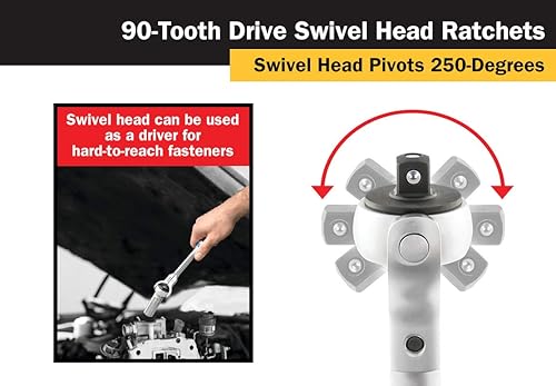 Miniatura 6 de Titan 12175 Juego de trinquete de cabeza giratoria de 90 dientes y cabeza plana de 5 piezas