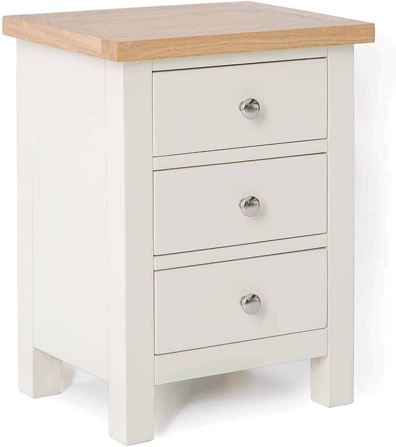 RoselandFurniture Farro Cream Bedside Table Quality 3 Drawer Bedside Cabinet with Oak Top | Fully Assembled Painted Solid Wooden Side End Nightstand for Bedroom, Bathroom, and Hallway