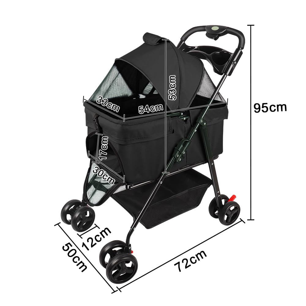 Wózek dla psa i kota 2 w 1, składany wózek dla kota ze zdejmowaną gondołką, składany wózek dla psa, poduszka, smycz bezpieczeństwa, do 20 kg, 50 x 65 x 99 cm, czarny