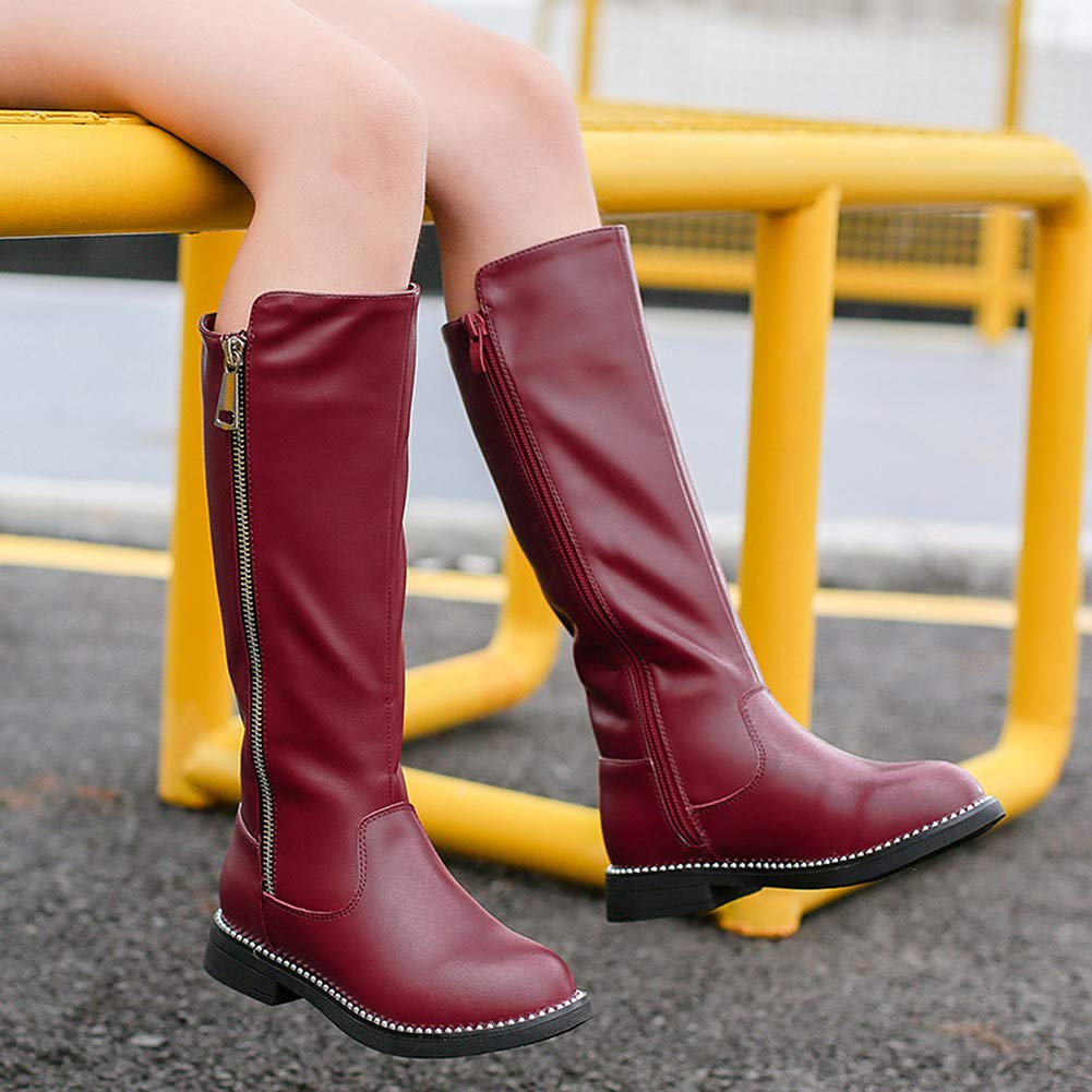 rismart - Botas de equitación altas para niña, tacón plano, cremallera lateral, forro de piel de invierno