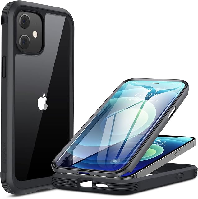 Miracase Compatible with iPhone 12/12 Pro Case 6.1 inch, [Built-in Glass Screen Protector] Full Body Rubber Bumper Case Cover (Black)